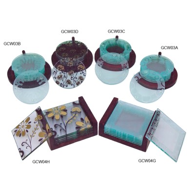 Σετ 6 Γυάλινα Σουβέρ Στρογγυλά-Τετράγωνα με Ξύλινη Βάση 9cm