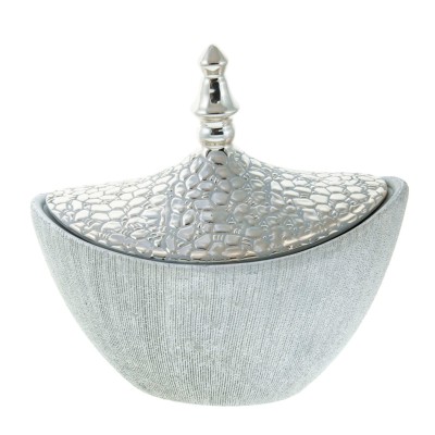 Φοντανιέρα Κεραμική Ασημί Σφυρήλατη Οβάλ με Καπάκι