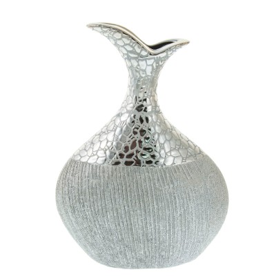 Βάζο Κεραμικό Ασημί Στρογγυλό με Στενό Λαιμό Σφυρήλατο