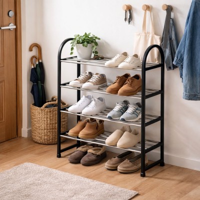 ΠΑΠΟΥΤΣΟΘΗΚΗ ΜΕ ΤΕΣΣΕΡΑ ΡΑΦΙΑ ΠΛΑΣΤΙΚΟ ΜΑΥΡΟ ΣΚΕΛΕΤΟ ΚΑΙ ΜΕΤΑΛΛΙΚΕΣ ΡΑΒΔΟΥΣ 50x18,5x65εκ. ANKOR