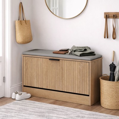 ΠΑΠΟΥΤΣΟΘΗΚΗ ΣΚΑΜΠΟ MDF ΜΕ ΜΕΛΑΜΙΝΗ ΣΕ ΧΡΩΜΑ ΦΥΣΙΚΟΥ ΞΥΛΟΥ ΜΕ ΑΝΑΓΛΥΦΕΣ ΓΡΑΜΜΕΣ 80x24x50εκ. ANKOR