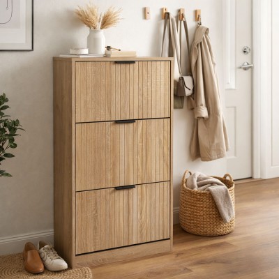 ΠΑΠΟΥΤΣΟΘΗΚΗ MDF ΜΕ ΜΕΛΑΜΙΝΗ ΣΕ ΧΡΩΜΑ ΦΥΣΙΚΟΥ ΞΥΛΟΥ ΜΕ ΑΝΑΓΛΥΦΕΣ ΓΡΑΜΜΕΣ 60x24x118εκ. ANKOR