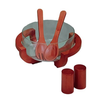 Σαλατιέρα γυάλινη με σετ σερβιρίσματος σε ξύλινη βάση