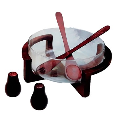 Σαλατιέρα Γυάλινη Με Σετ Σερβιρίσματος Σε Ξύλινη Βάση