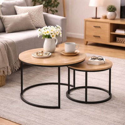 ΣΕΤ 2 ΤΡΑΠΕΖΑΚΙΑ MDF ΜΕ ΜΕΛΑΜΙΝΗ ΣΕ ΦΥΣΙΚΗ ΑΠΟΧΡΩΣΗ ΞΥΛΟΥ KAI ΜΑΥΡΟ ΜΕΤΑΛΛΙΚΟ ΣΚΕΛΕΤΟ ANKOR