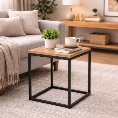 ΤΡΑΠΕΖΑΚΙ MDF ΜΕ ΜΕΛΑΜΙΝΗ ΣΕ ΦΥΣΙΚΗ ΑΠΟΧΡΩΣΗ ΞΥΛΟΥ KAI ΜΑΥΡΟ ΜΕΤΑΛΛΙΚΟ ΣΚΕΛΕΤΟ 40x40x50,1εκ. ANKOR