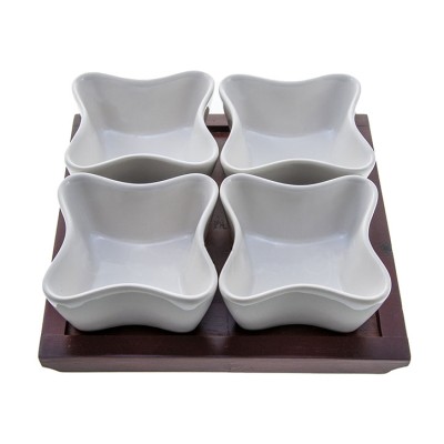 Ορντεβιέρα 4 Λευκά Πορσελάνης Μπολάκια Σε Ξύλινη Βάση CD1905