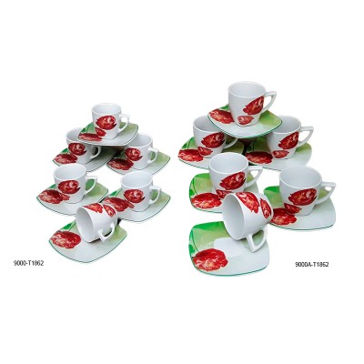 Φλυτζάνια Τσαγιού - Καφέ Πορσελάνης 6 Τεμαχίων Κόκκινο Λουλούδι