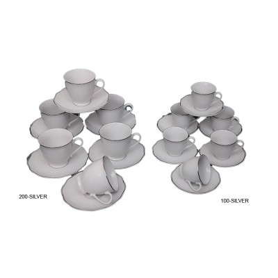 Φλυτζάνια Τσαγιού Πορσελάνης 6 Τεμαχίων Λευκό/Ασημί Περίγραμμα