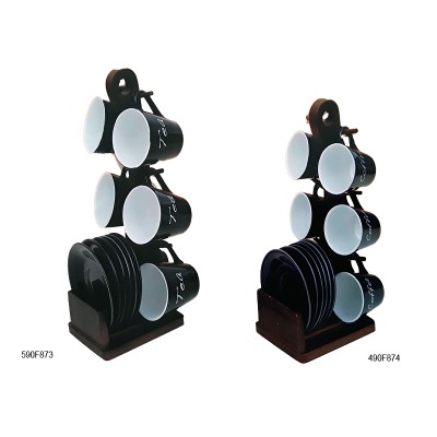 Φλυτζάνια Τσαγιού-Καφέ Πορσελάνης σετ 6τεμ. με ξύλινη βάση