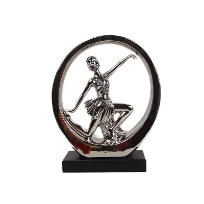 Χορεύτρια ασημί κεραμική διακοσμητική σε μαύρη βάση μέσα σε κύκλο