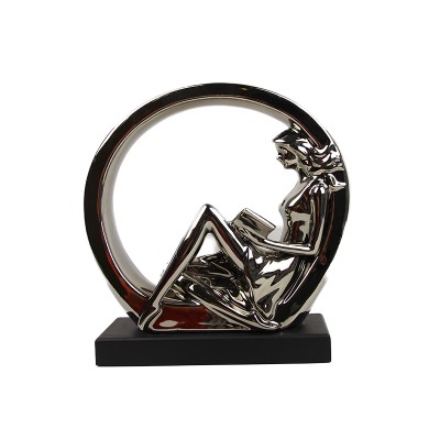 Χορεύτρια Ασημί Κεραμική Διακοσμητική Σε Μαύρη Βάση Μέσα Σε Κύκλο