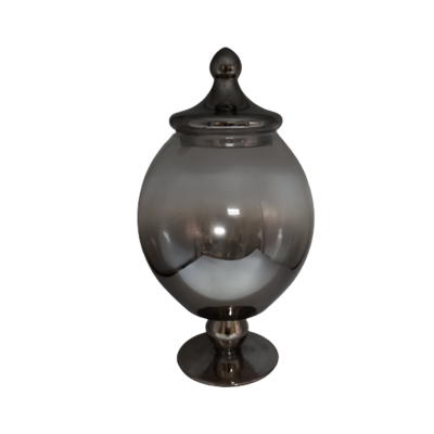 Γυάλινο Διακοσμητικό Τζαρ Με Πόδι Και Καπάκι Ασημί/Μελί 18x31εκ