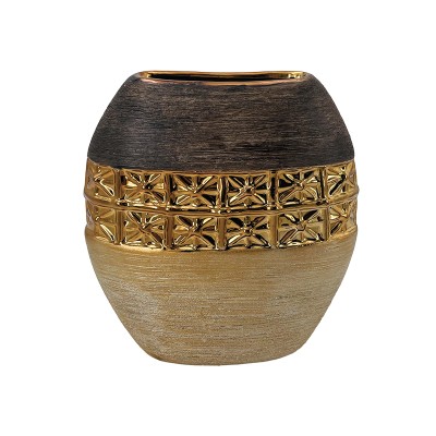 Βάζο πλακέ κεραμικό Καφέ/Χρυσό 23x8x25εκ