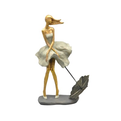 Διακοσμητική Πολυεστερική Φιγούρα Κοπέλα με Ομπρέλα Σε Χρυσό/Εκρού 21x12x32εκ