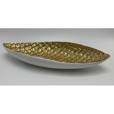 Polyresin Λευκή-Χρυσή Πιατέλα Φύλλο 45x17.5x7cm