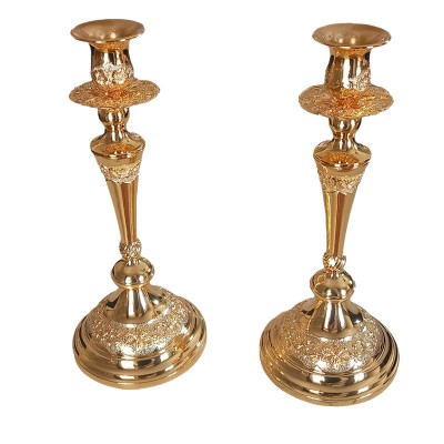 Σετ επάργυρα κηροπήγια χρυσά σκαλιστά 1 θέσης και στρογγυλή βάση 29x11x11cm