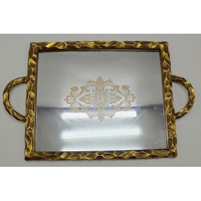 Δίσκος Με Καθρέφτη Πολυεστερικός Χρυσός Με Ανάγλυφα Σχέδια 40.5x3x25.5εκ.