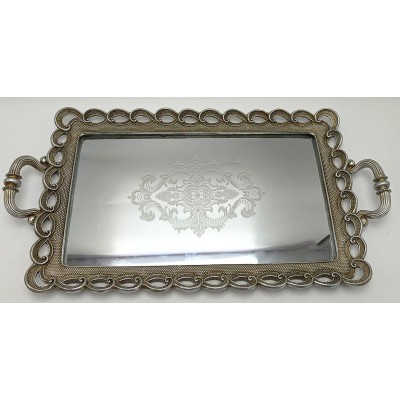 Δίσκος Με Καθρέφτη Πολυεστερικός Ασημί Με Ανάγλυφα Σχέδια 49.5x26.5x4εκ.