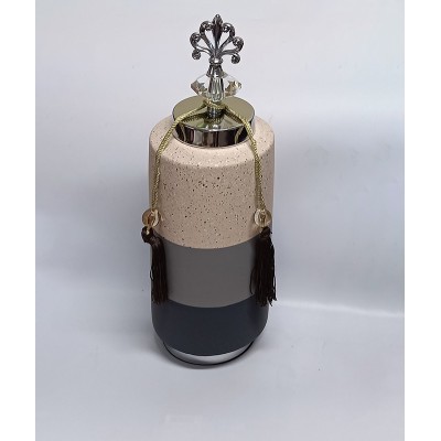 Κεραμικό Τζαρ Στρόγγυλο Ασημί/Ζαχαρί/Γκρί Με Μεταλλικό Καπάκι Με Διακοσμητική Φούντα 13.5x13.5x37εκ.