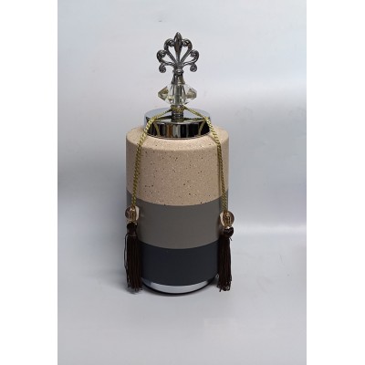 Κεραμικό Τζαρ Στρόγγυλο Ασημί/Ζαχαρί/Γκρί Με Μεταλλικό Καπάκι Με Διακοσμητική Φούντα 13.5x13.5x32εκ.