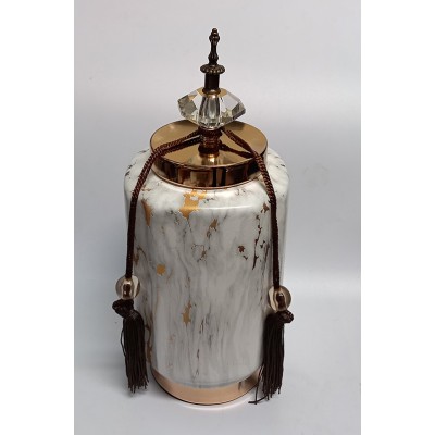 Κεραμικό Τζαρ Στρόγγυλο Λευκό/Χρυσό Με Μεταλλικό Καπάκι Με Διακοσμητική Φούντα 14x14x33εκ.