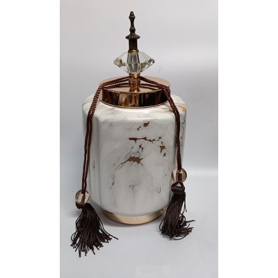 Κεραμικό Τζαρ Στρόγγυλο Λευκό/Χρυσό Με Μεταλλικό Καπάκι Με Διακοσμητική Φούντα 14x14x30εκ.