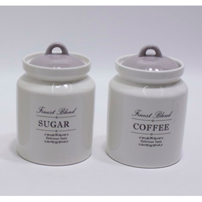 Κεραμικά Βάζα Για Καφέ-Ζάχαρη 2τεμ. Λευκά με καπάκι διακοσμημένα 11.5x11.5x18cm