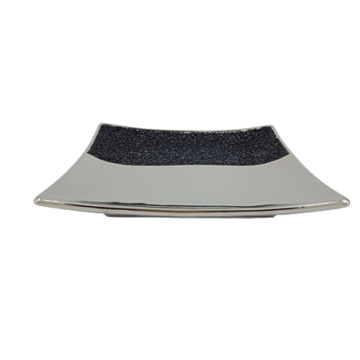 Διακοσμητική Κεραμική Τετράγωνη Ασημί Πιατέλα Με Μαύρα Στρας 28.2x28.2x4.5cm