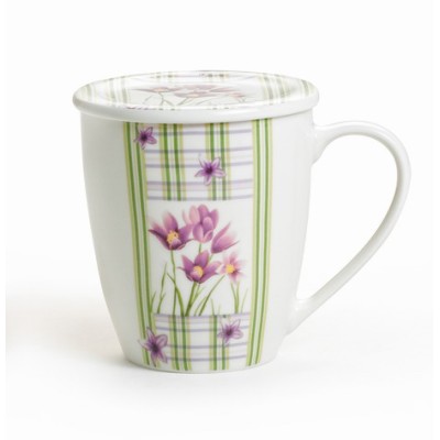 Κούπα Πορσελάνης New Bone 360ml Με Καπάκι Σχέδιο Μωβ Κρινάκια