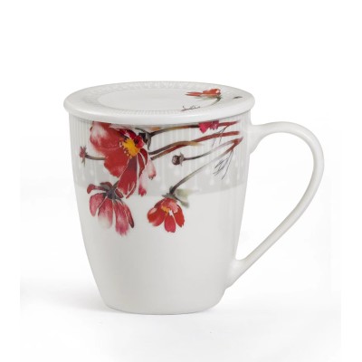 Κούπα Πορσελάνης New Bone 360ml Με Καπάκι Σχέδιο Κόκκινοι Κρίνοι