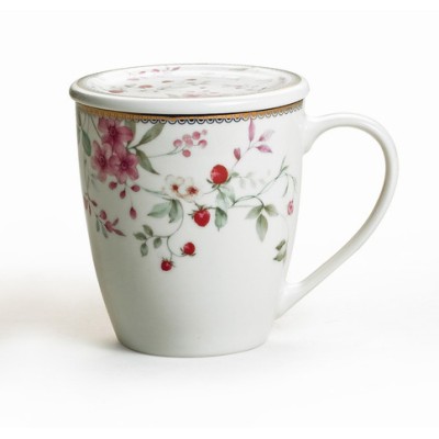 Κούπα Πορσελάνης New Bone 360ml Με Καπάκι Σχέδιο Φράουλα Λουλούδια