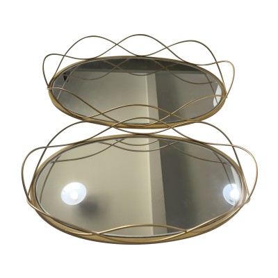 Σετ των 2 Δίσκος Μεταλλικός Στρογγυλός Χρυσός με Καθρέπτη 40.5x25.5x6.5cm&35.5x20.5x5.5cm