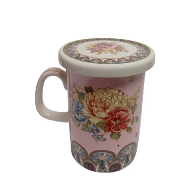 Πορσελάνινη Κούπα Με Καπάκι Pink With Fowers Image 380ml