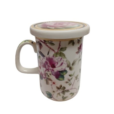 Πορσελάνινη Κούπα Με Καπάκι Pink With Fowers Image 380ml