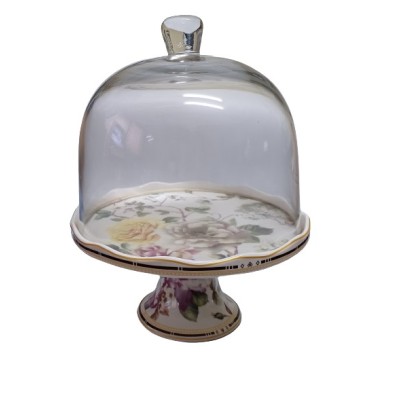 Τουρτιέρα Με Γυάλινο Καπάκι Και Πόδι Floral Flowers Garden 22x21cm