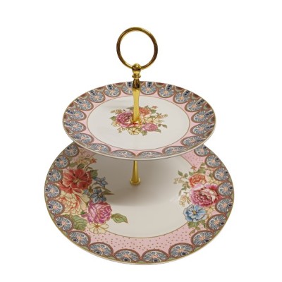 Πιατέλα-Τουρτιέρα Πορσελάνης 2όροφη Floral Pink Flowers 27x24cm