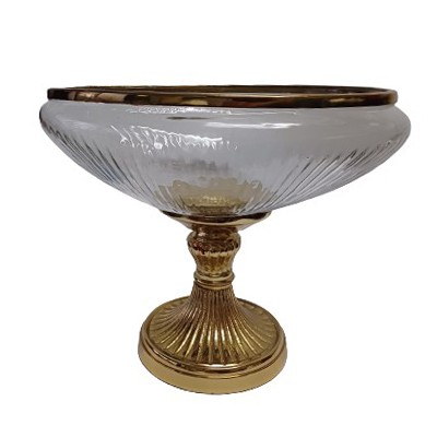 Γυάλινη Οβάλ Κουπ Γόνδολα με Μεταλλική Χρυσή Ραβδωτή Βάση Πόδι 29.5x25x23cm