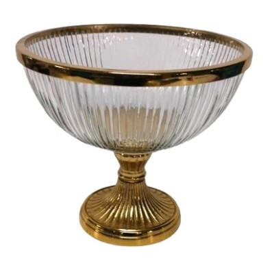Διακοσμητικό Γυάλινο Μπωλ Με Μεταλλική Χρυσή Ραβδωτή Βάση Πόδι 24x24x21.5cm