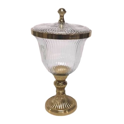Διακοσμητική Γυάλινη Φοντανιέρα Με Χρυσό Μεταλλικό Καπάκι και Πόδι 18x18x33cm