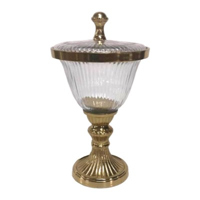 Διακοσμητική Γυάλινη Φοντανιέρα Με Χρυσό Μεταλλικό Καπάκι Και Πόδι 15.5x15.5x28cm