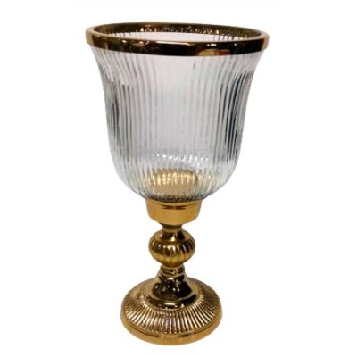 Γυάλινο Κηροπήγιο Με Μεταλλική Χρυσή Ραβδωτή Βάση 19x19x38cm