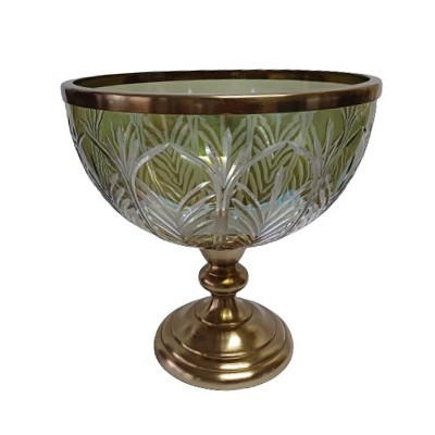 Διακοσμητικό Γυάλινο Χρυσό/Μελί Μπωλ Με Μεταλλική Χρυσή Βάση Πόδι& Χρυσό Στεφάνι 25.5x25.5x24cm