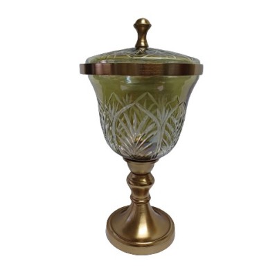 Διακοσμητική Χρυσό/Μελί Γυάλινη Φοντανιέρα Με Χρυσό Μεταλλικό Καπάκι Και Αντικέ Πόδι 18x18x32cm