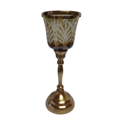 Γυάλινο Χρυσό/Μελί Κηροπήγιο Με Μεταλλική Χρυσή Αντικέ Βάση 11.5x11.5x28cm