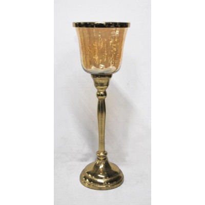 Γυάλινο Μελί Κηροπήγιο Με Μεταλλική Αντικέ Χρυσή Βάση 11.5x11.5x34cm