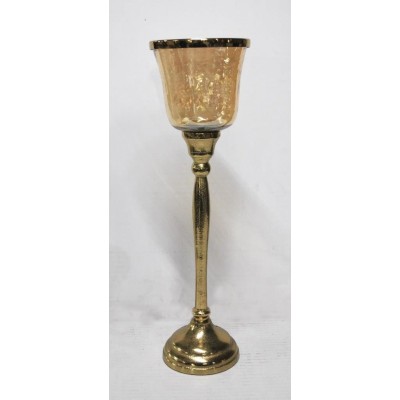 Γυάλινο Μελί Κηροπήγιο Με Μεταλλική Αντικέ Χρυσή Βάση 11.5x11.5x38cm