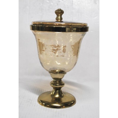 Διακοσμητική Μελί Γυάλινη Φοντανιέρα Με Χρυσό Μεταλλικό Καπάκι Και Αντικέ Πόδι 15x15x27cm