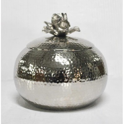 Μεταλλική Ασημί Φοντανιέρα με Διακοσμητικό Καπάκι Λουλούδι 16.5x16.5x15cm