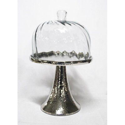 Τουρτιέρα Μεταλλική με Καπάκι Γυάλινο & Πόδι Ασημί 20.5x20.5x32cm
